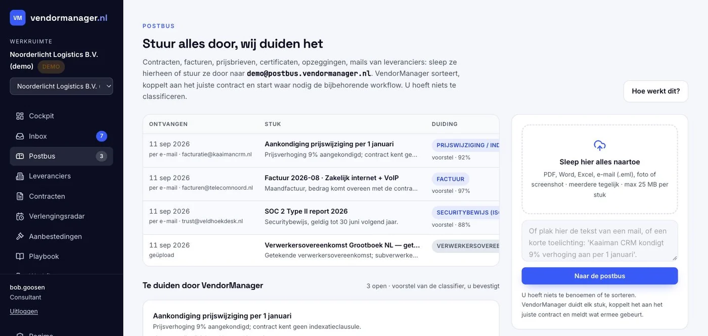 Schermafdruk uit het platform: de postbus waarin doorgestuurde stukken automatisch zijn geduid en aan het juiste contract gekoppeld