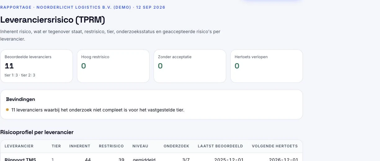 Schermafdruk uit het platform: het rapport leveranciersrisico met per leverancier het inherente risico, het restrisico, het tier en de datum van de volgende hertoets